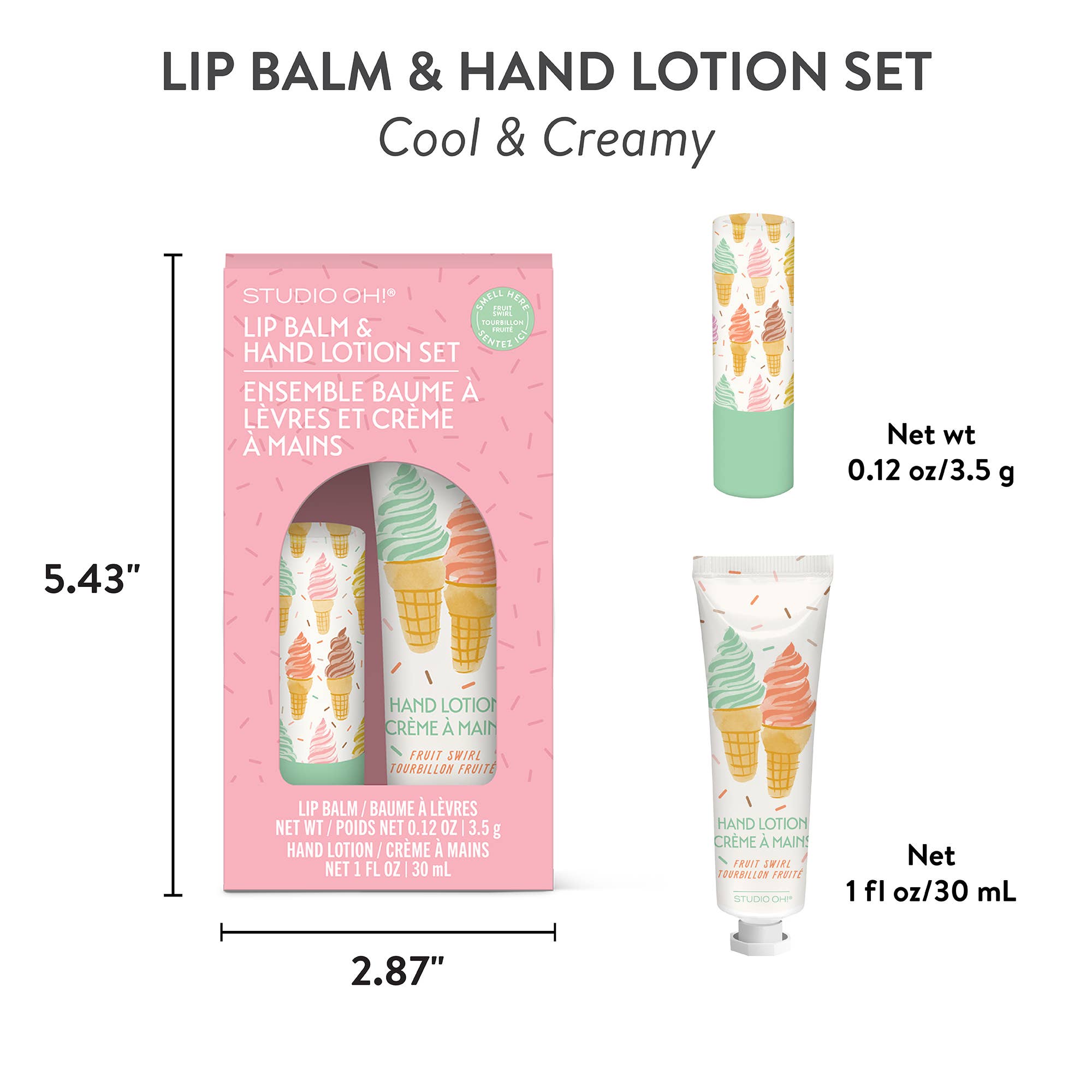Lip balm and hand lotion set with packaging dimensions and product details on a white background