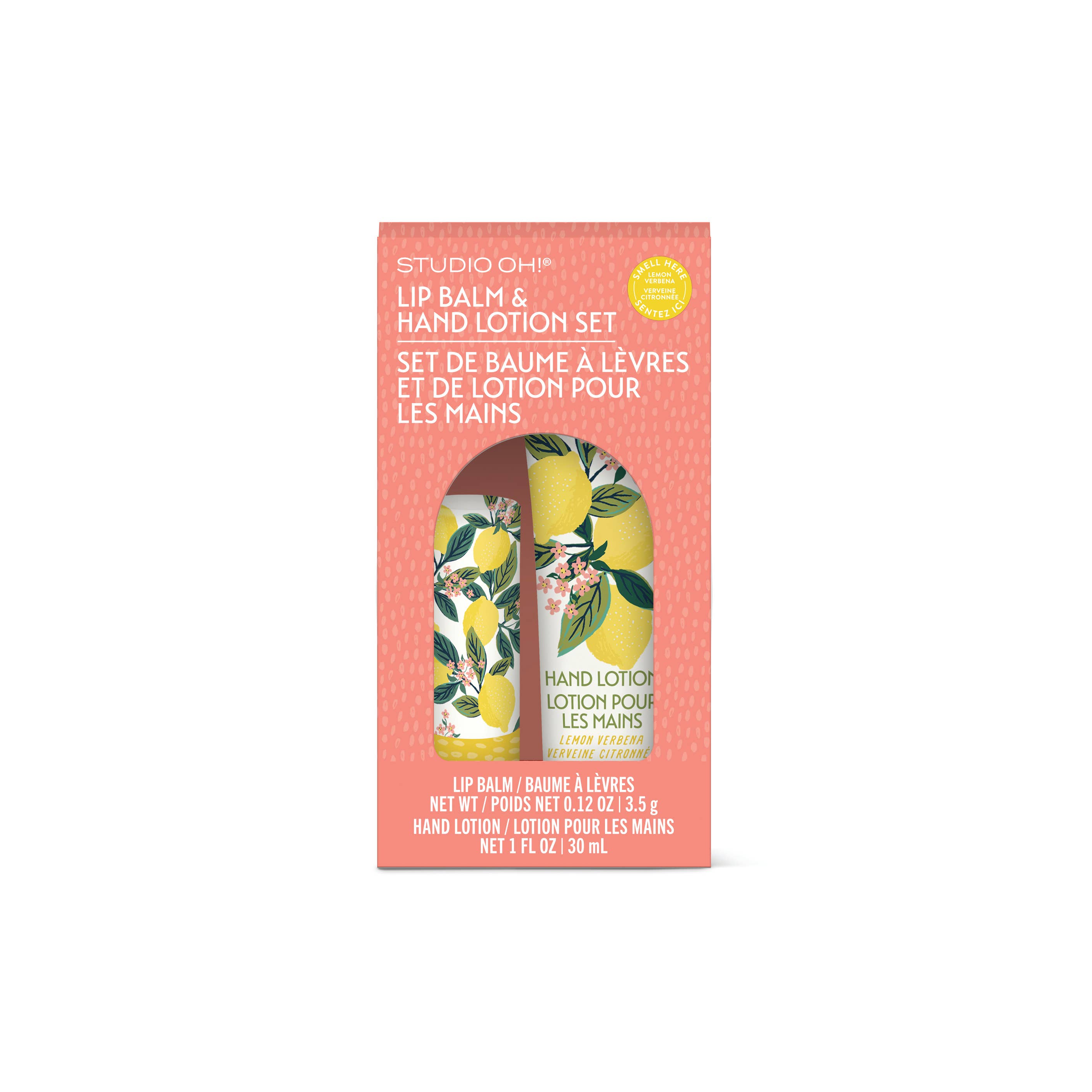 Lip balm and hand lotion set packaging with lemon design on a white background