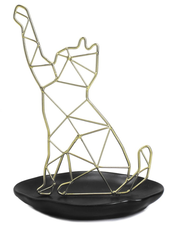 Geometric wire cat jewelry stand on a black base