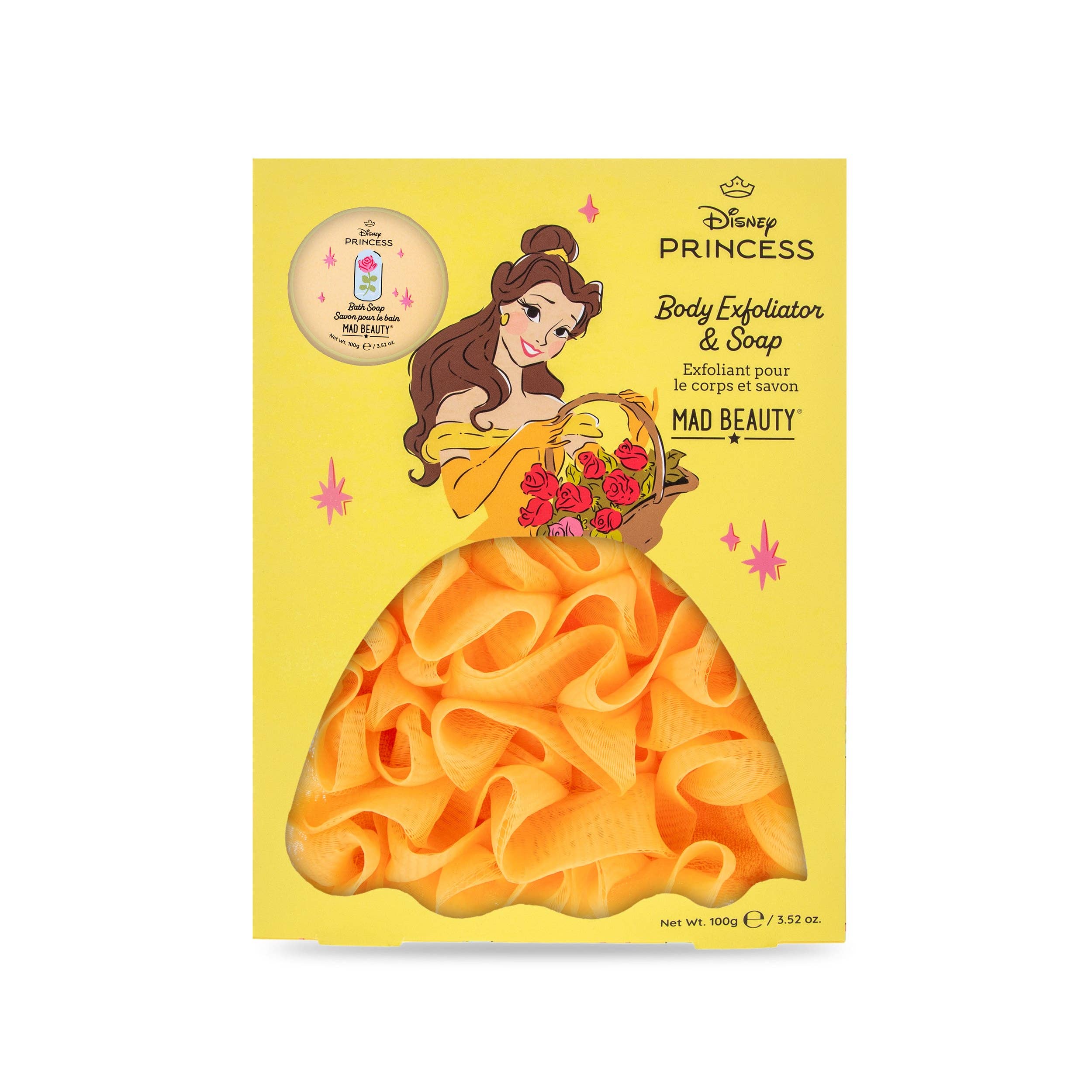 Disney Princess Body Exfoliator & Soap packaging with Belle on a yellow background