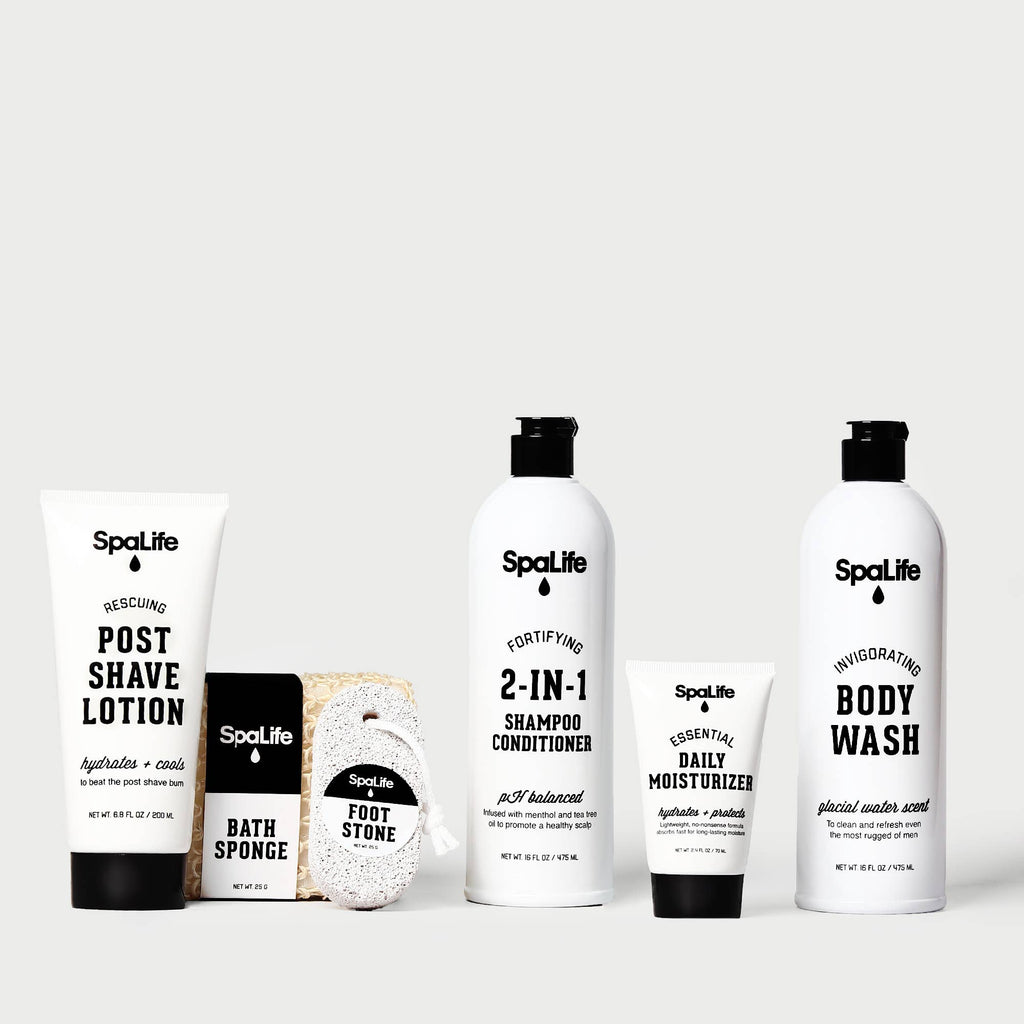 Set of SpaLife skincare and grooming products on a white background