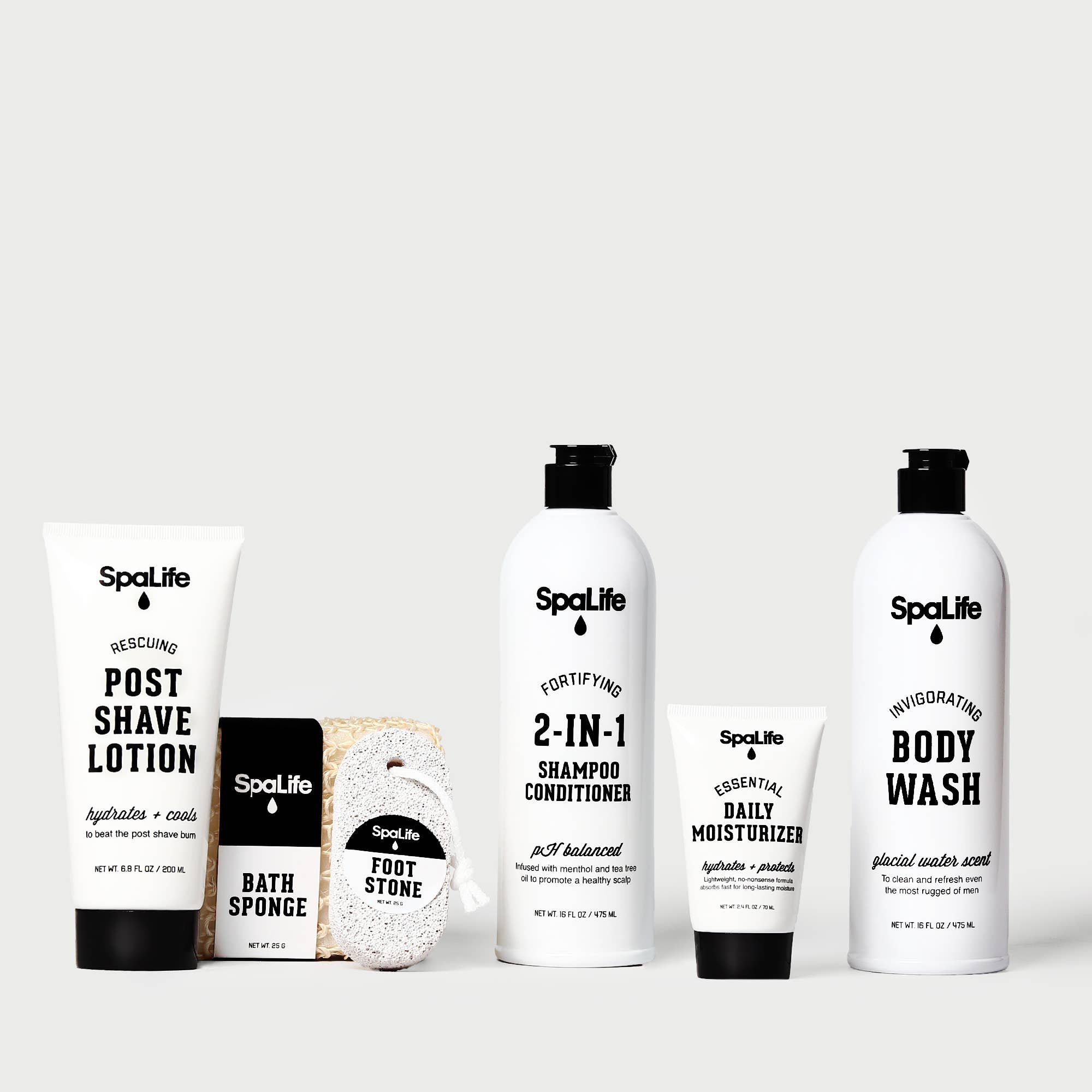 Set of SpaLife skincare and grooming products on a white background
