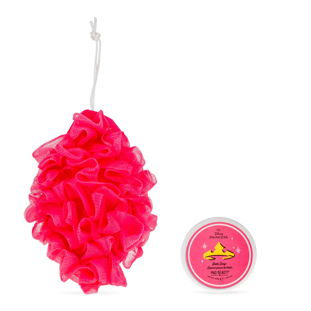 Pink loofah with a small pink container labeled 'Disney Princess' on a white background