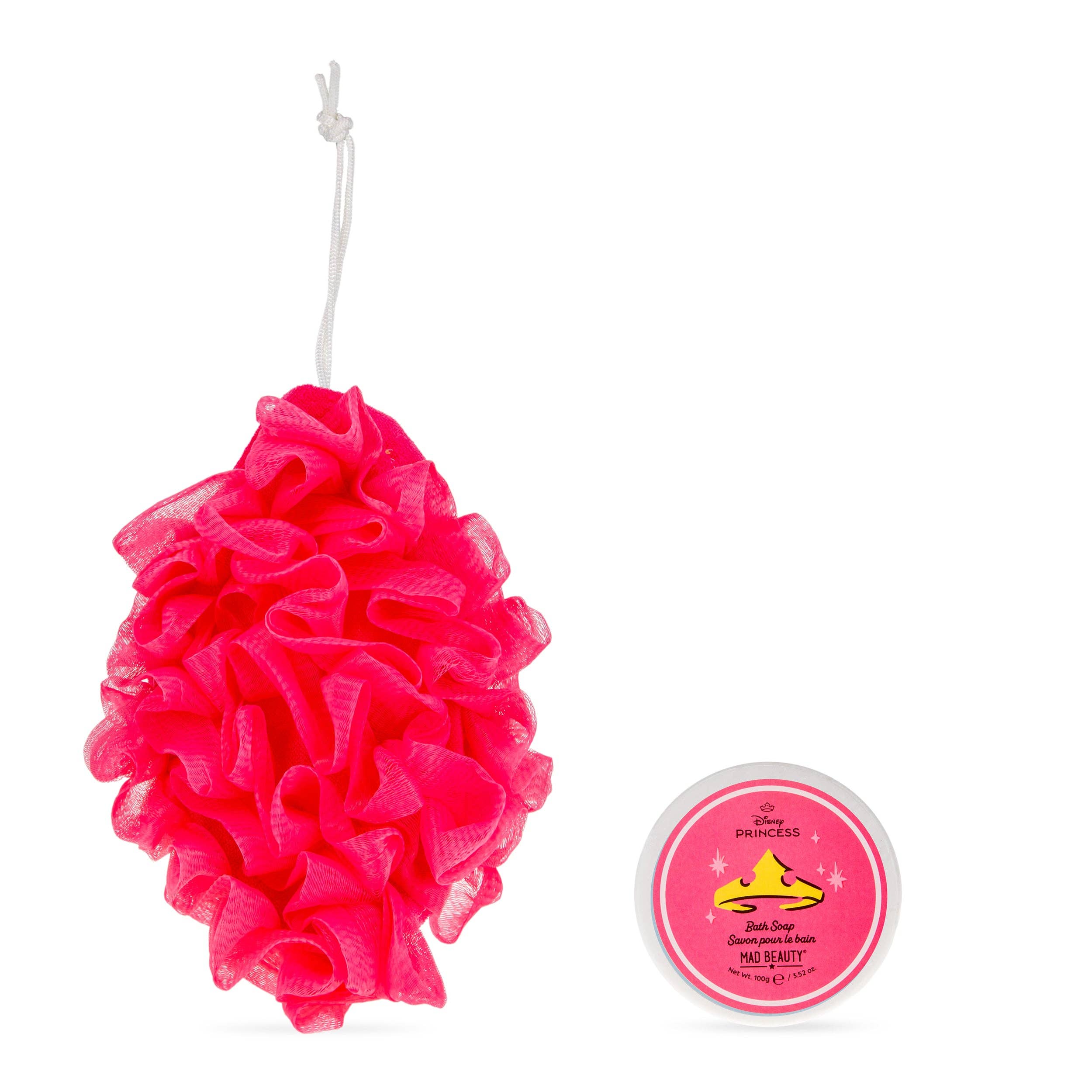 Pink loofah with a small pink container labeled 'Disney Princess' on a white background