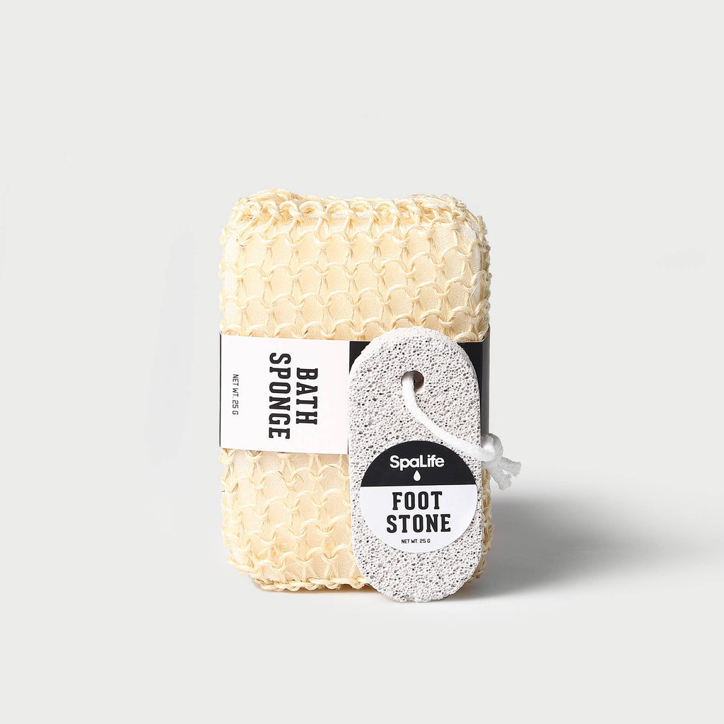 Bath sponge and foot stone with Spalife branding on a light gray background