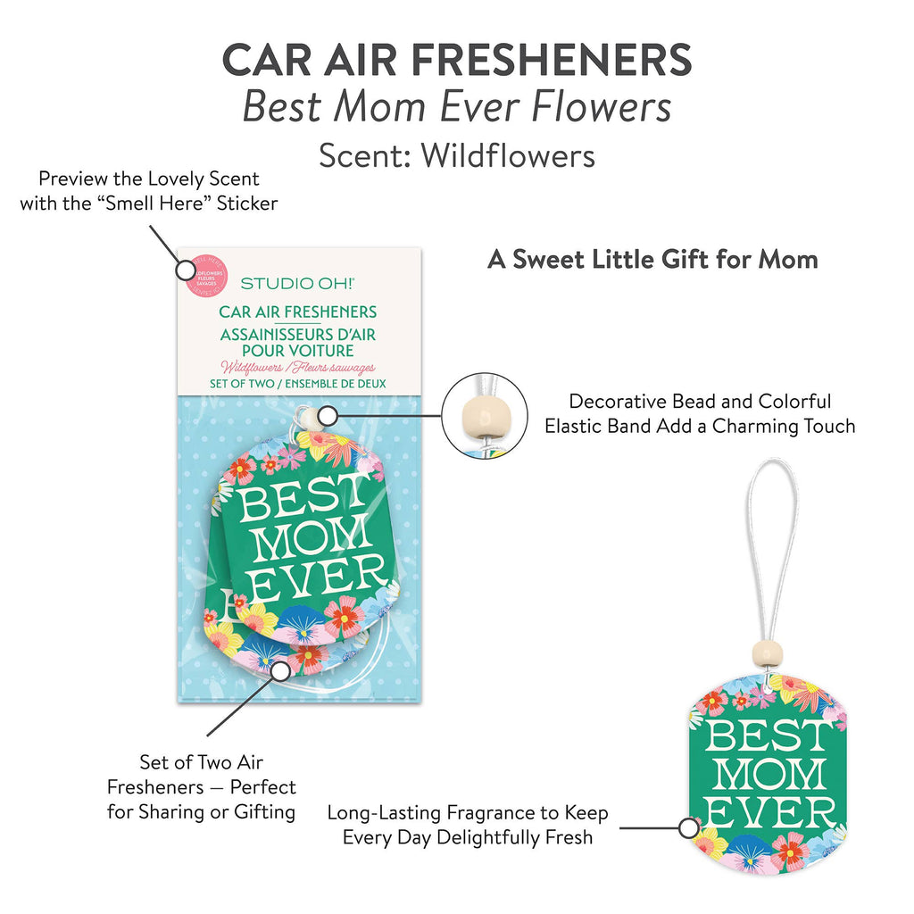 Car air freshener set with 'Best Mom Ever' design and wildflowers scent.
