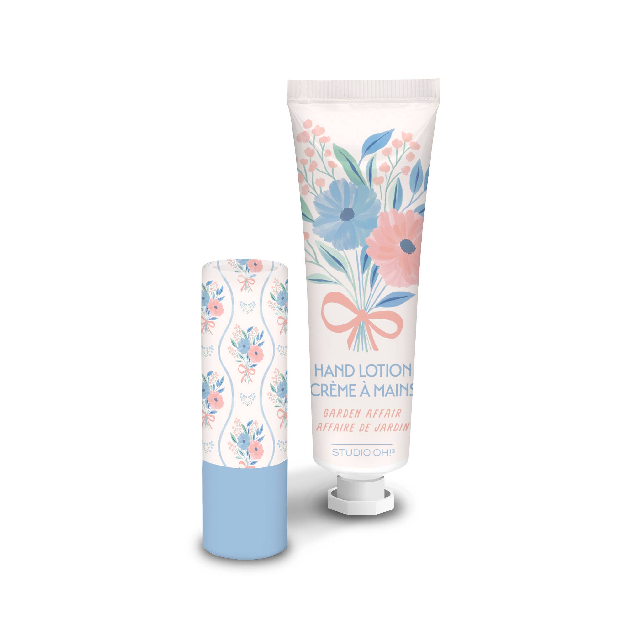 Hand lotion with floral design on a white background
