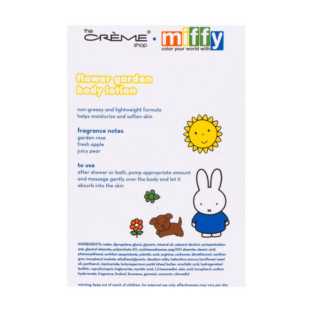 Flower garden body lotion packaging with miffy character and sun illustration on a white background