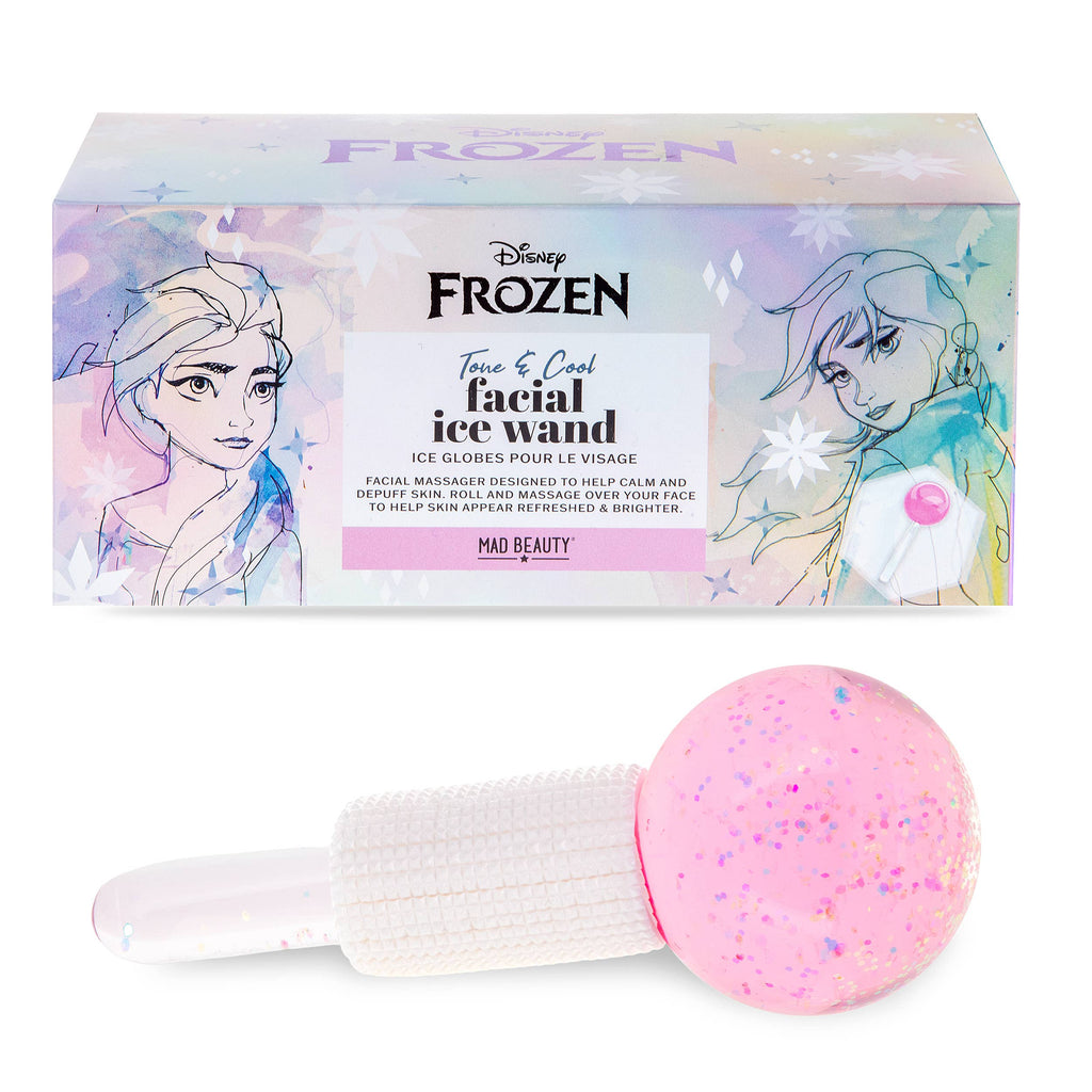 Facial ice wand with pink handle and white handle, featuring Disney Frozen branding.