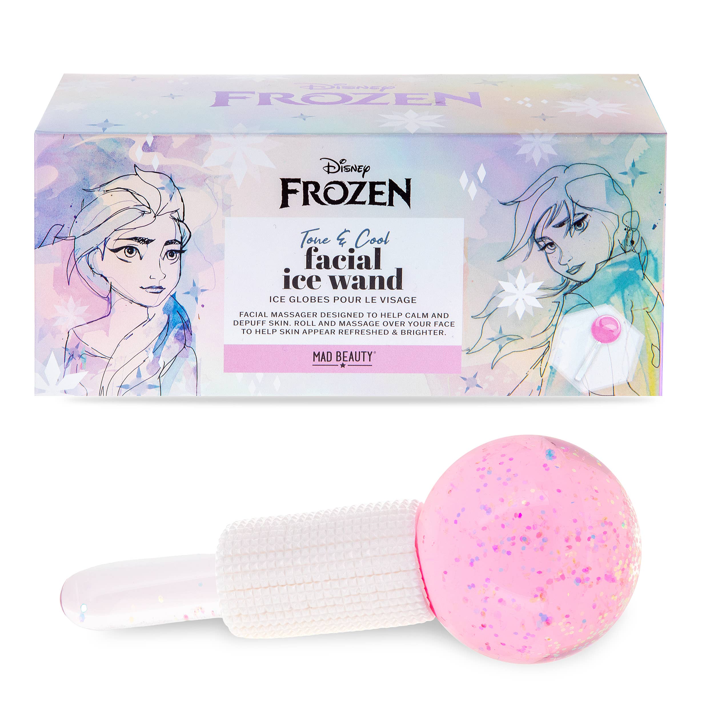 Facial ice wand with pink handle and white handle, featuring Disney Frozen branding.