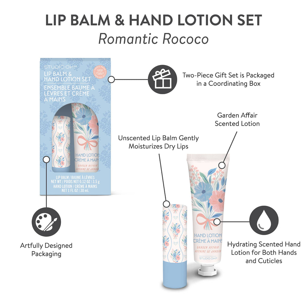 Lip balm and hand lotion set with packaging labeled 'Romantic Rococo'.