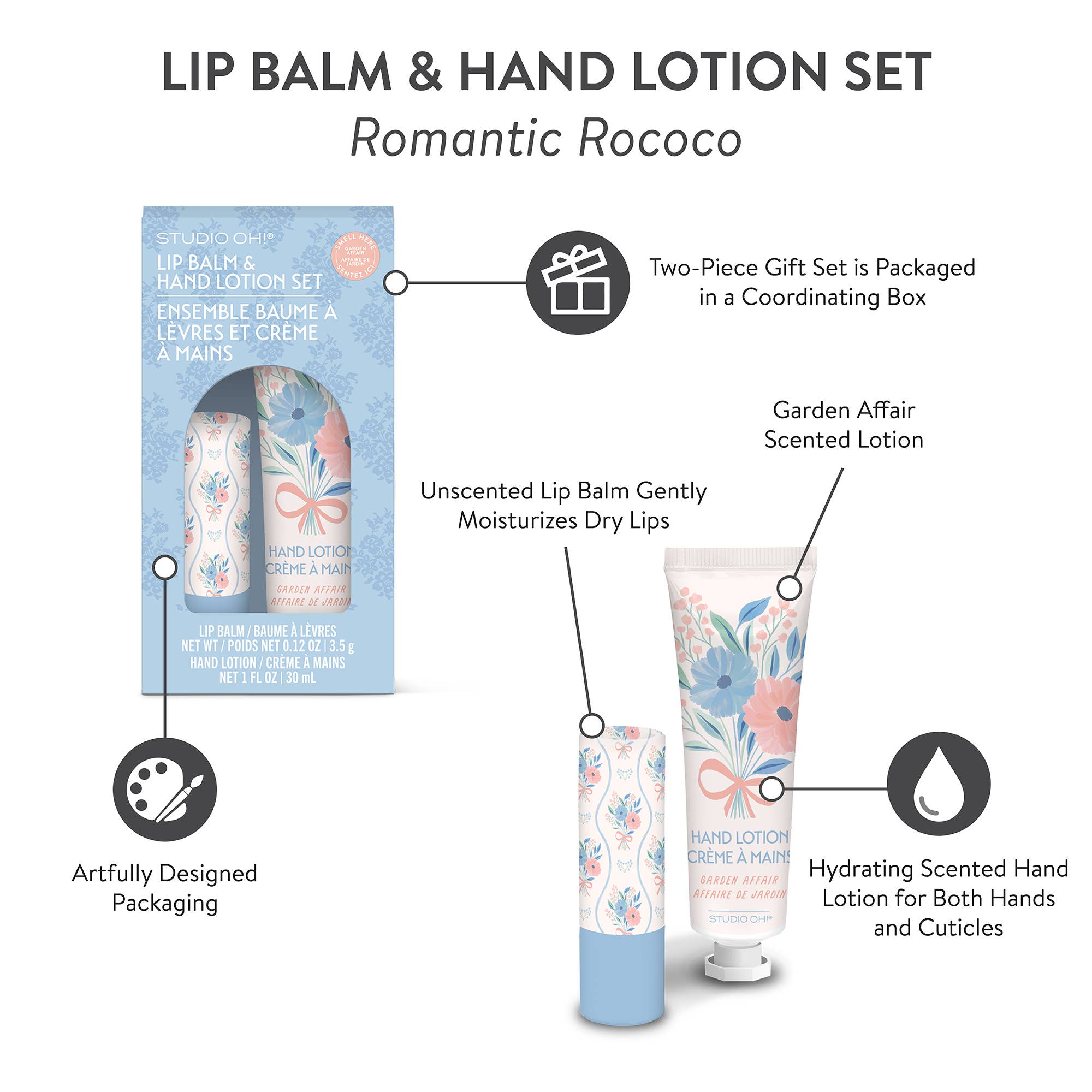 Lip balm and hand lotion set with packaging labeled 'Romantic Rococo'.