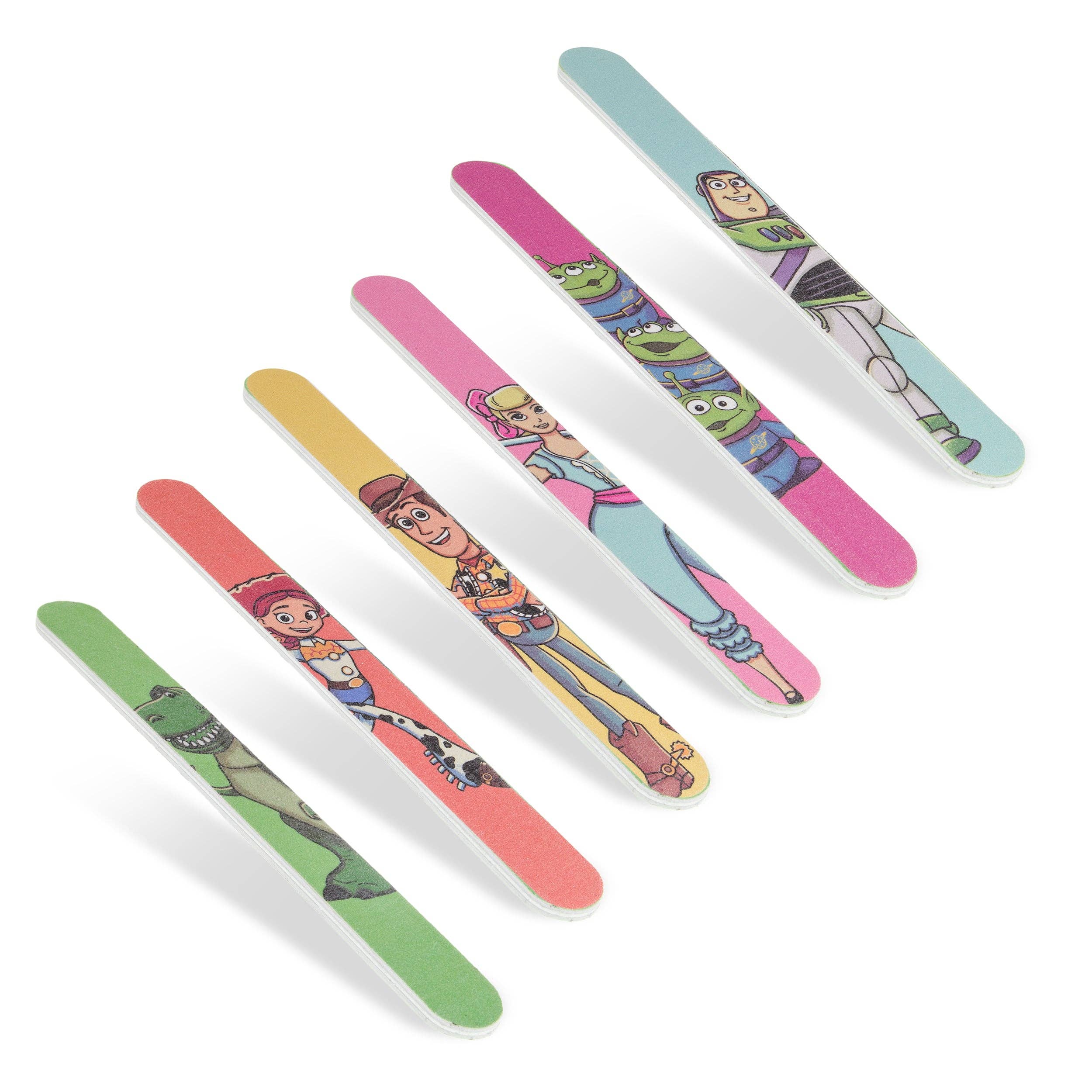 Set of colorful nail files with cartoon character designs on a white background