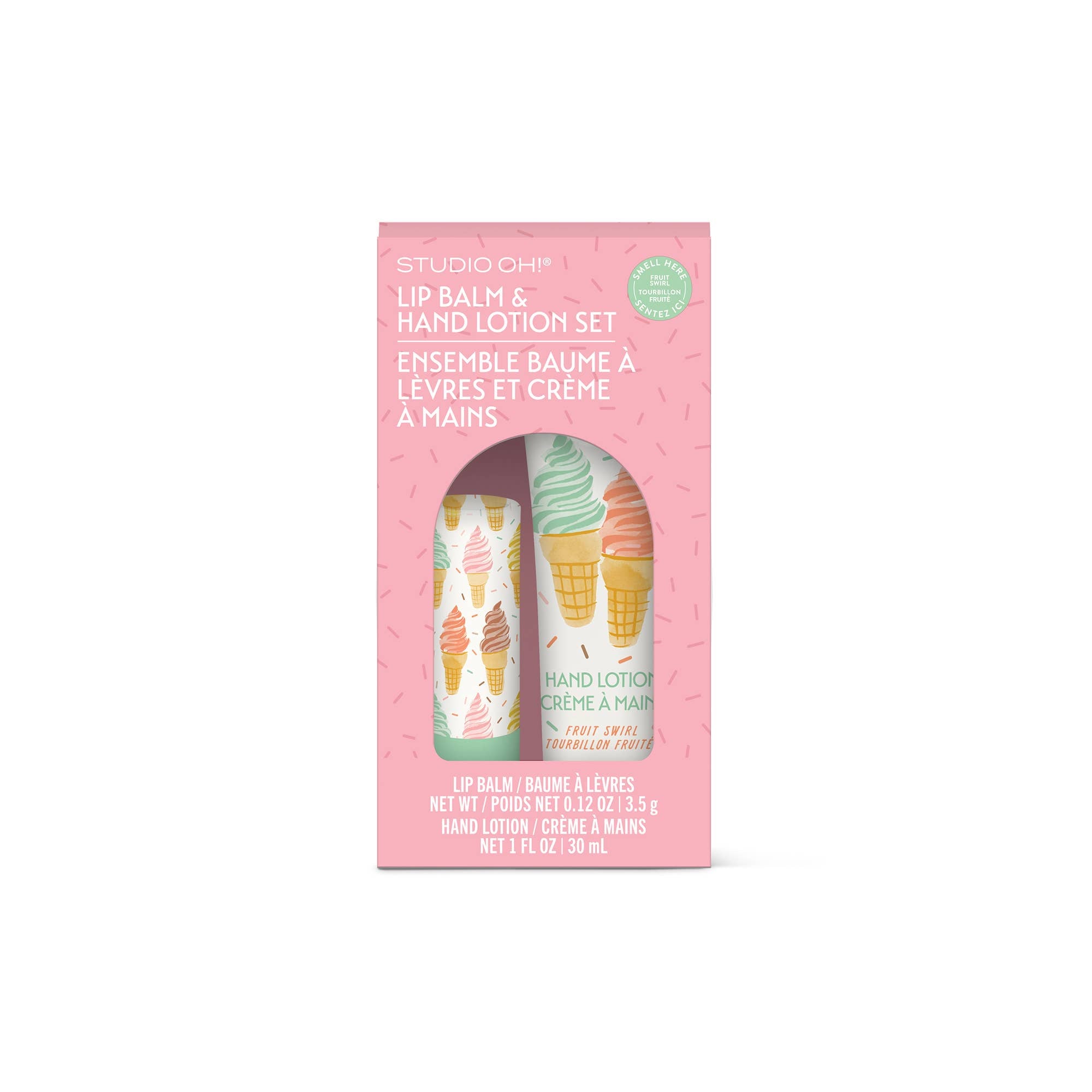 Lip balm and hand lotion set packaging with ice cream design on a white background