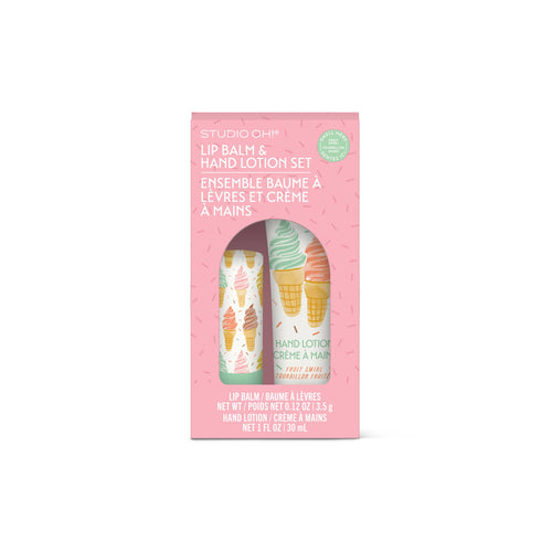 Lip balm and hand lotion set packaging with ice cream design on a white background