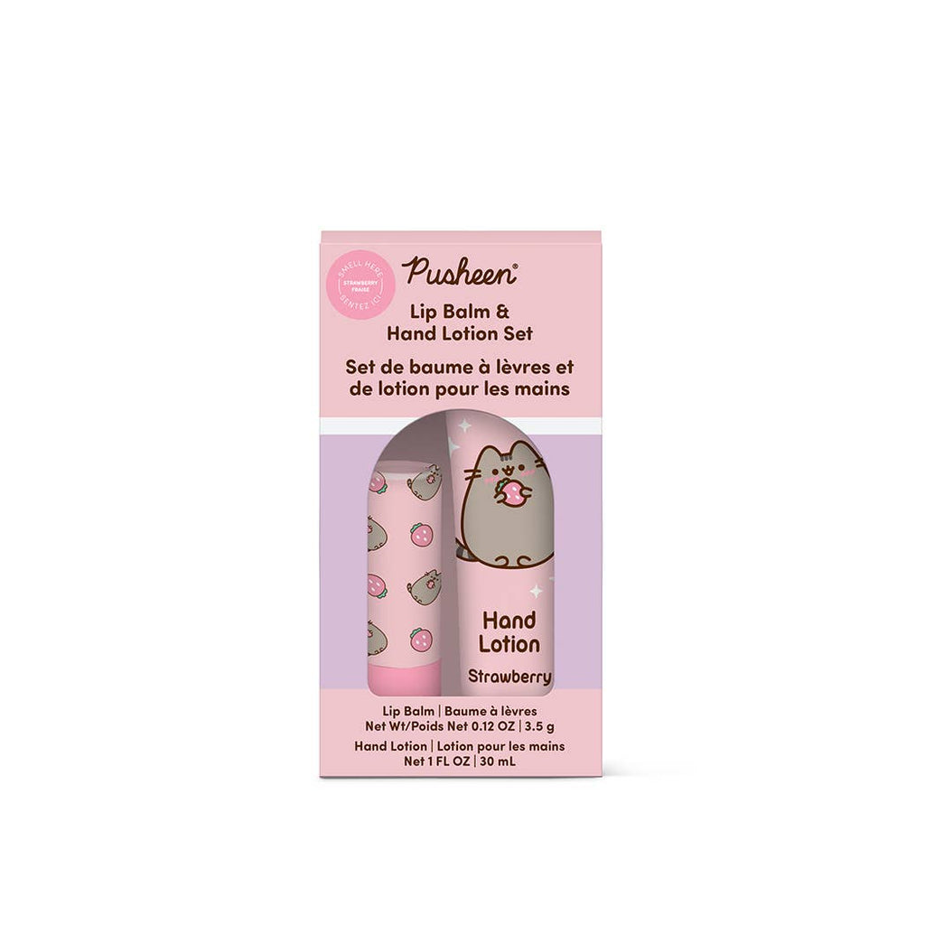 Pusheen lip balm and hand lotion set packaging on a white background