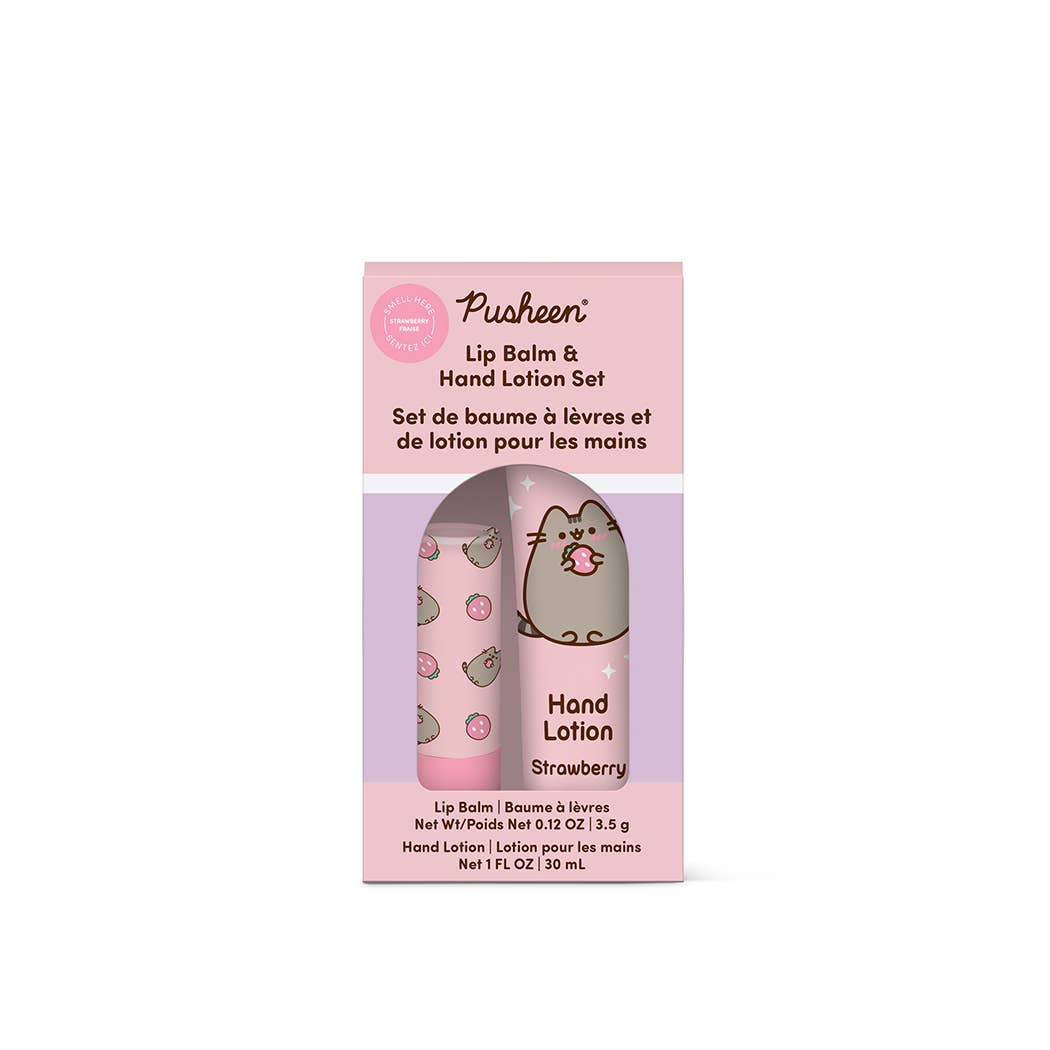 Pusheen lip balm and hand lotion set packaging on a white background