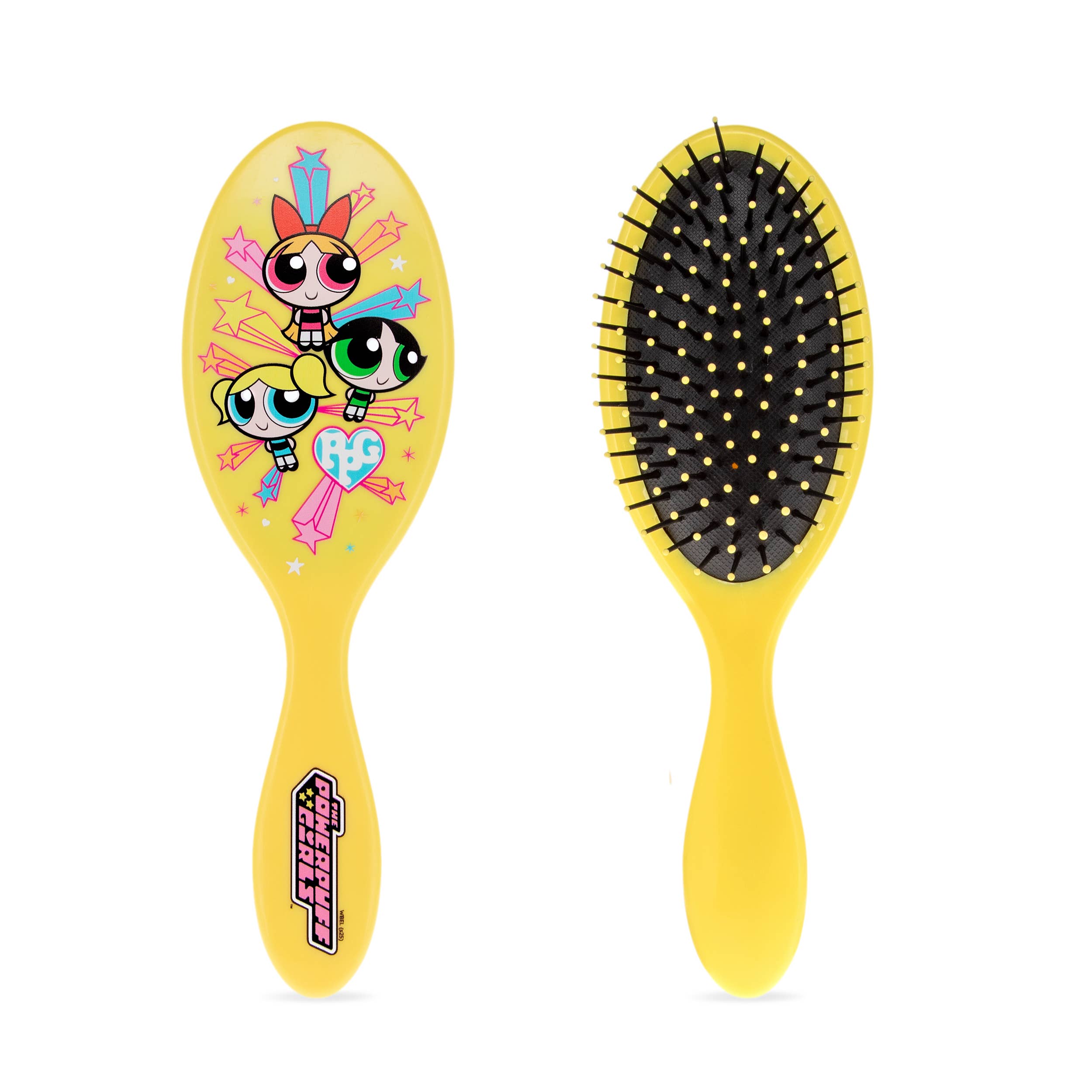Yellow hairbrush with cartoon characters on a white background