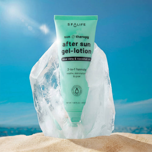 SFA Life after sun gel-lotion with ice on a beach background
