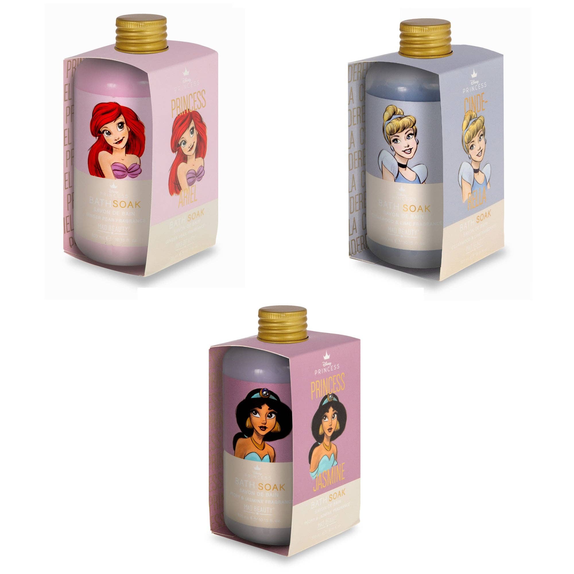 Three Disney princess-themed bubble bath packaging on a white background