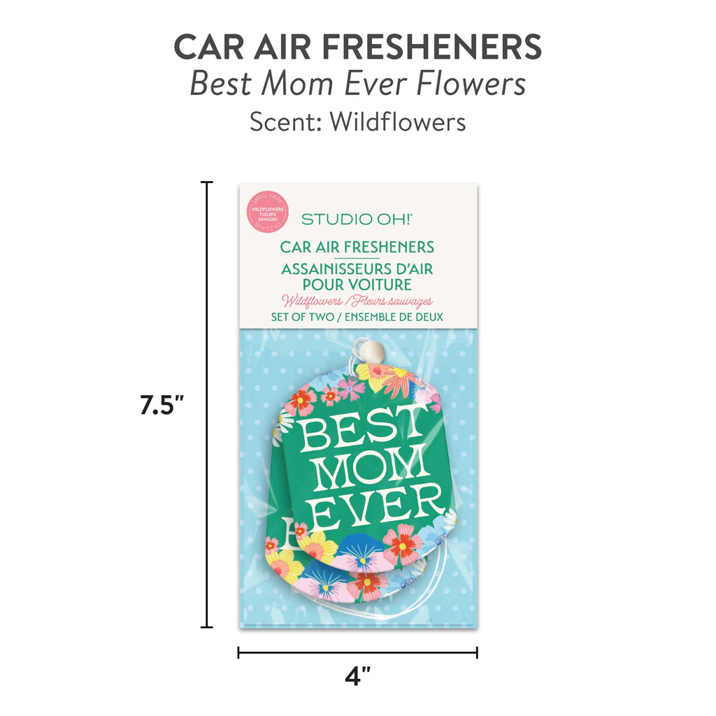 Car air freshener packaging with 'Best Mom Ever' text and floral design, shown with dimensions.