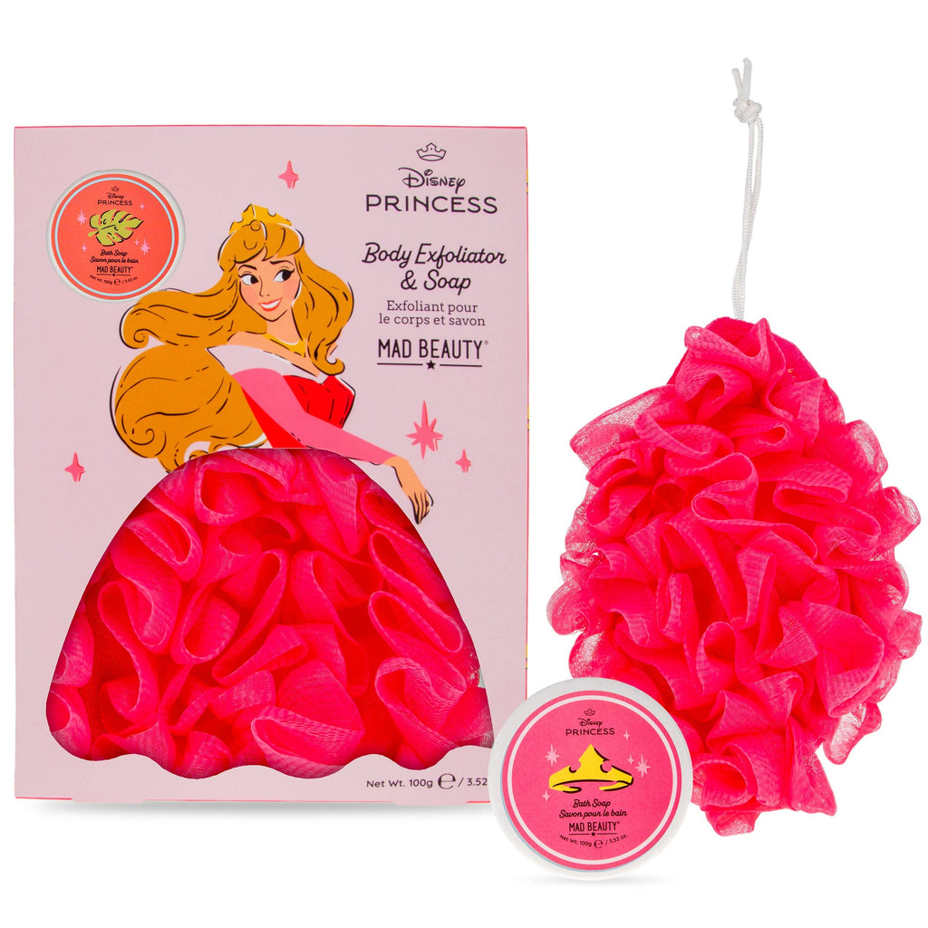 Disney Princess body exfoliator and soap set with packaging featuring a princess character.