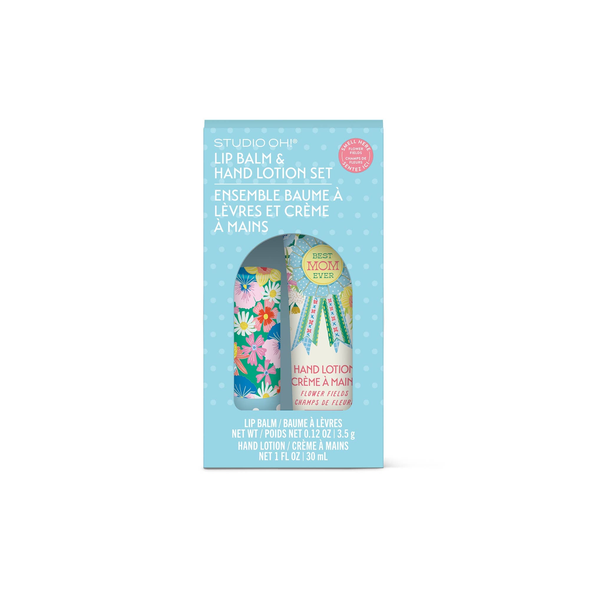 Studio Oh! lip balm and hand lotion set packaging on a white background