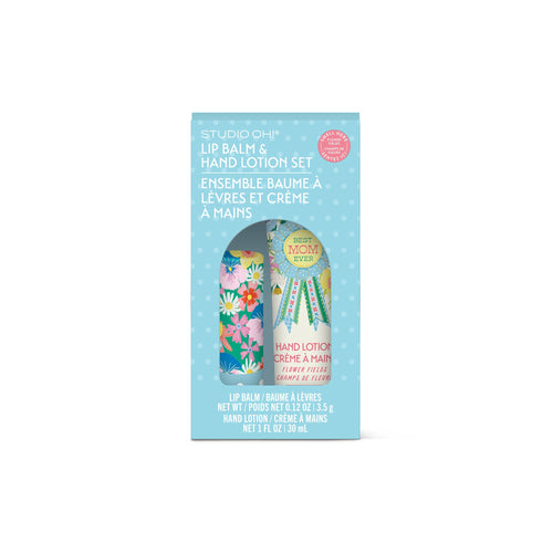 Studio Oh! lip balm and hand lotion set packaging on a white background
