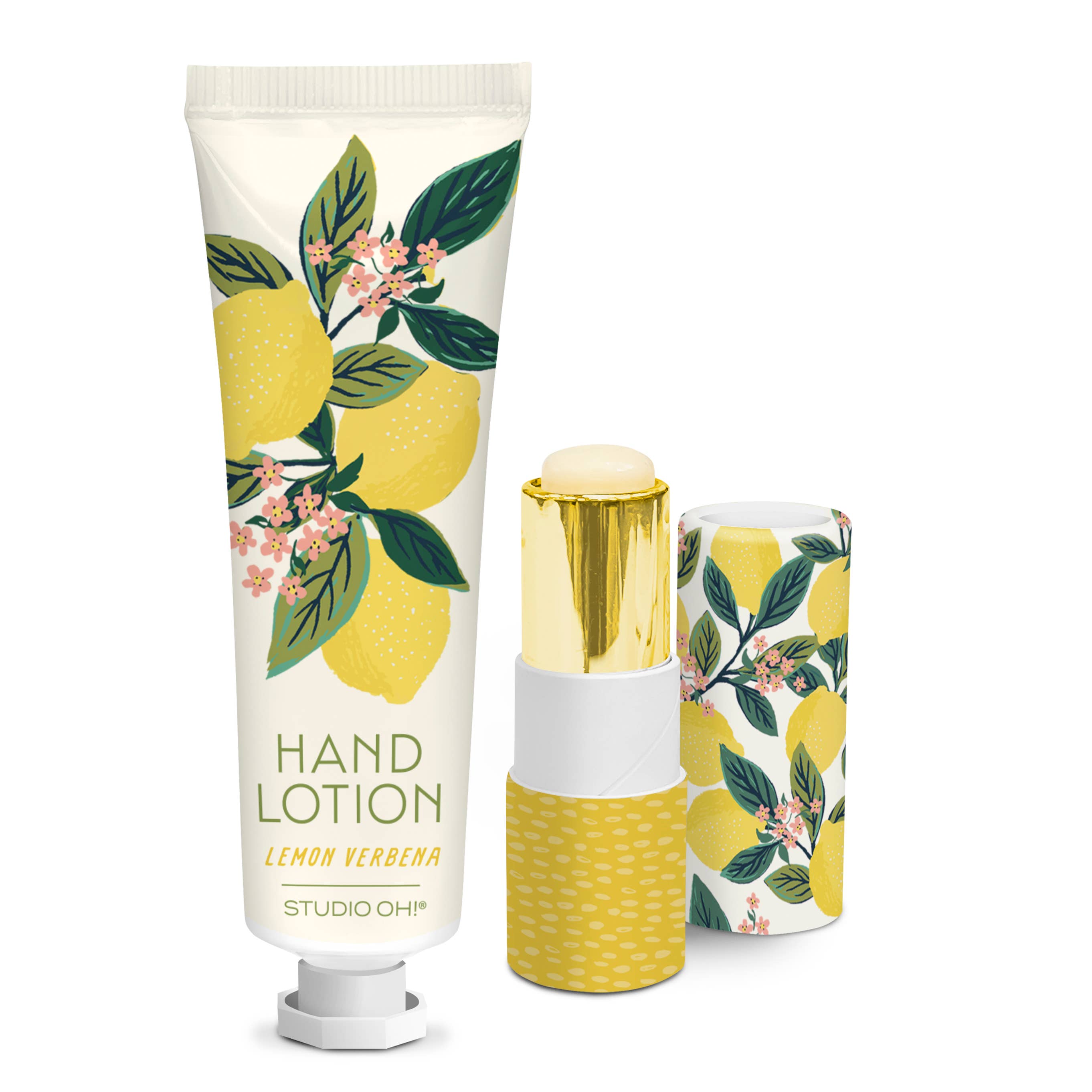 Hand lotion and lip balm with lemon and floral design on a white background