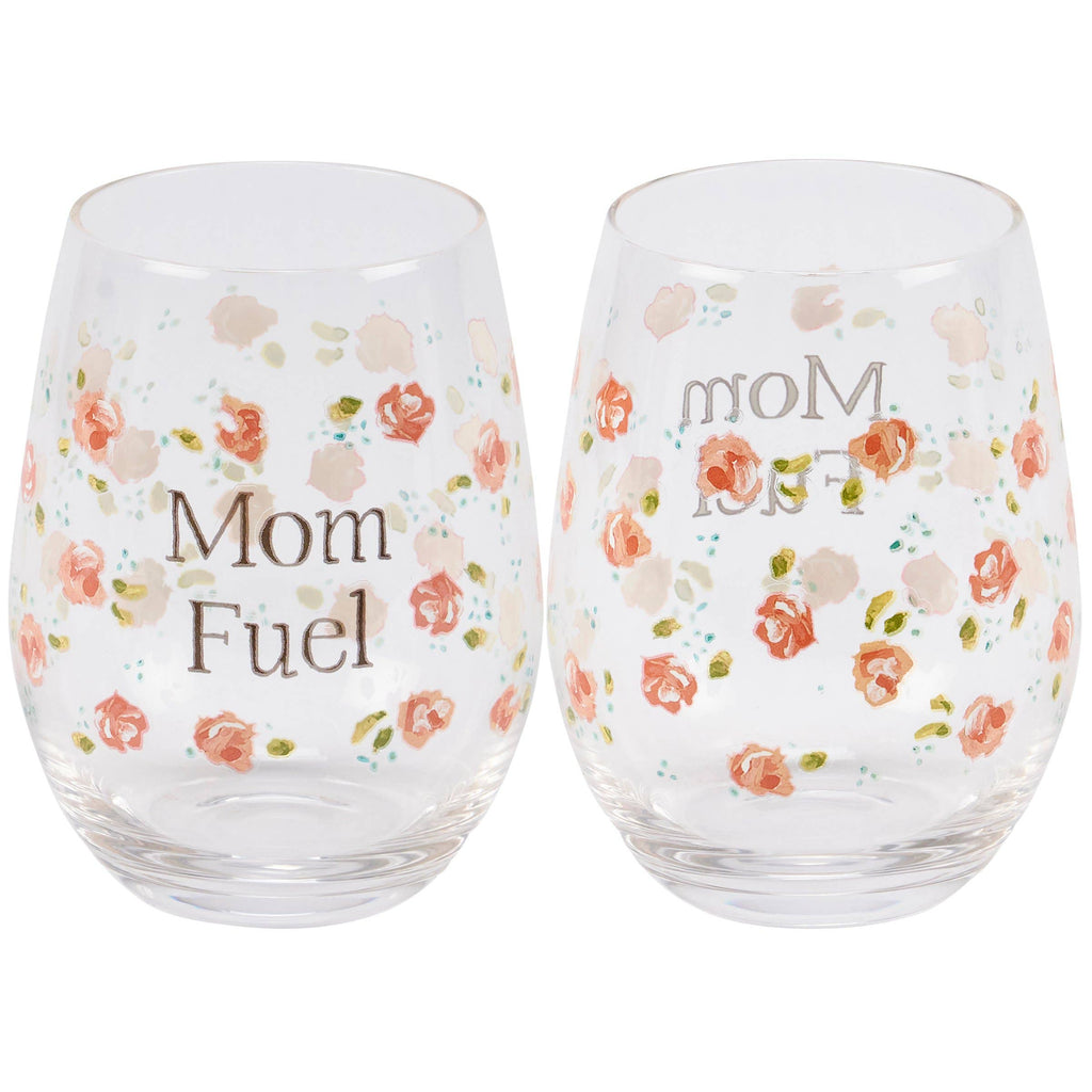 Two clear stemless wine glasses with floral designs and 'Mom Fuel' text on a white background.