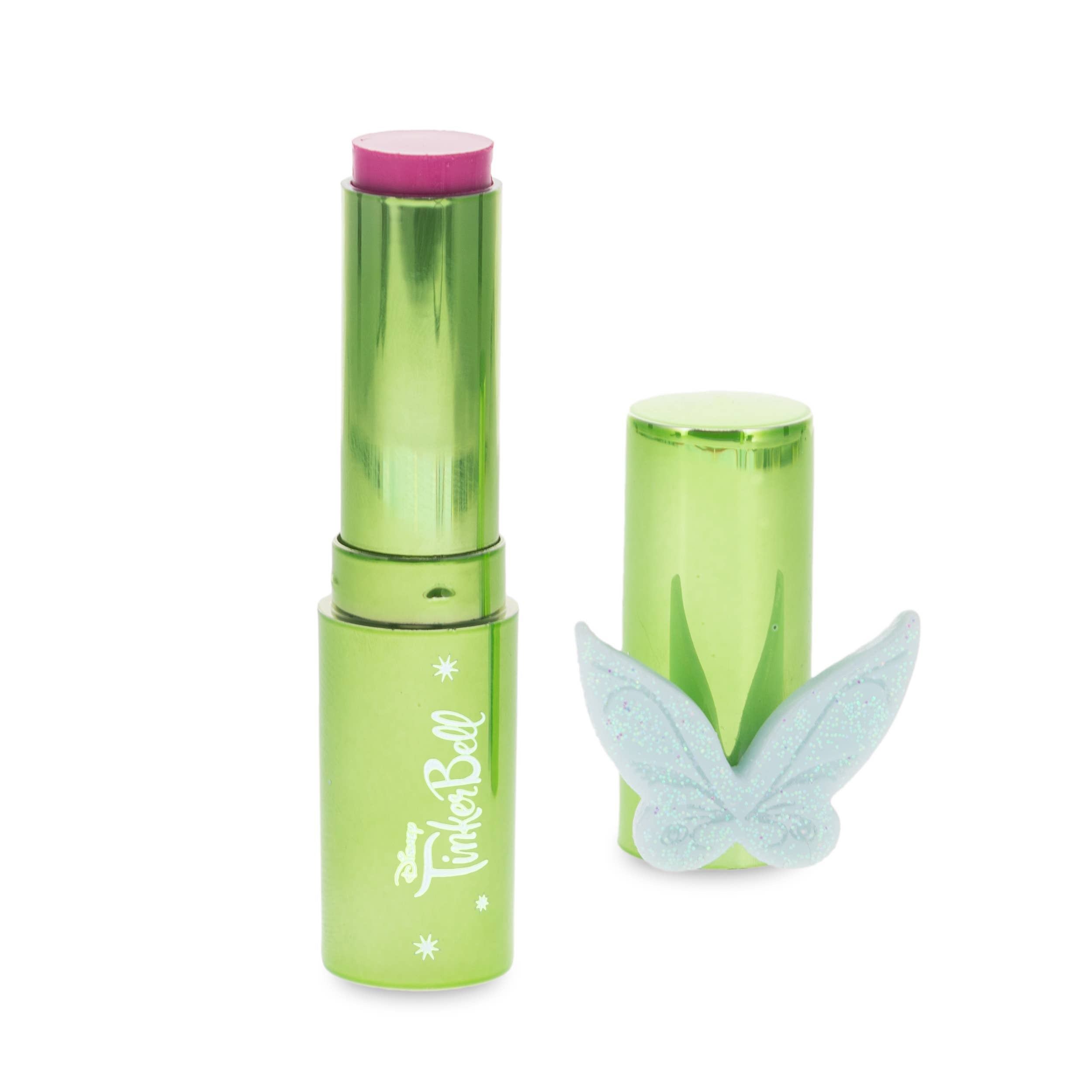 Green packaged lip balm with Tinker Bell branding on a white background