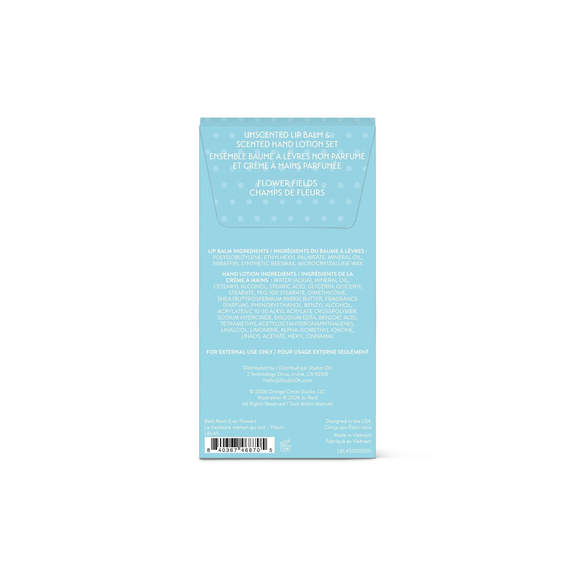 Blue product packaging with text on a white background
