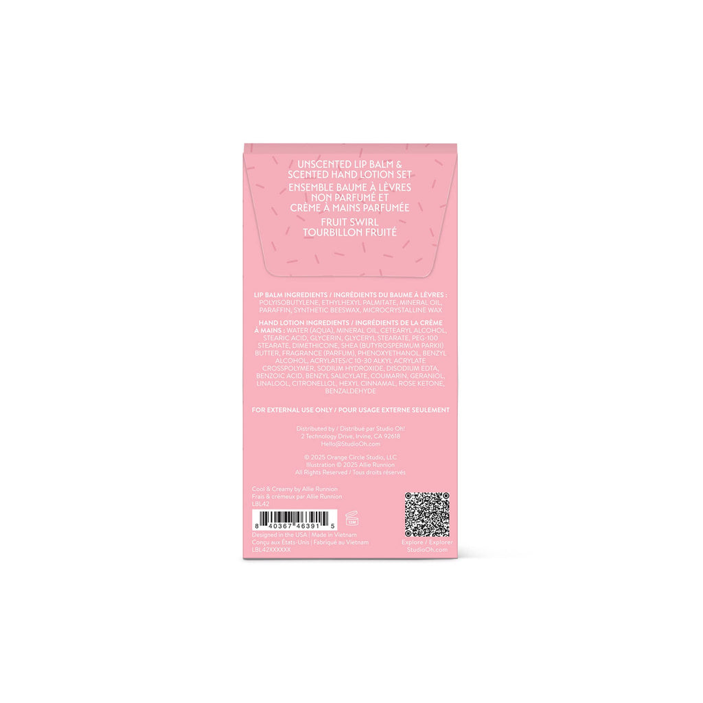 Pink product packaging with text and a QR code on a white background
