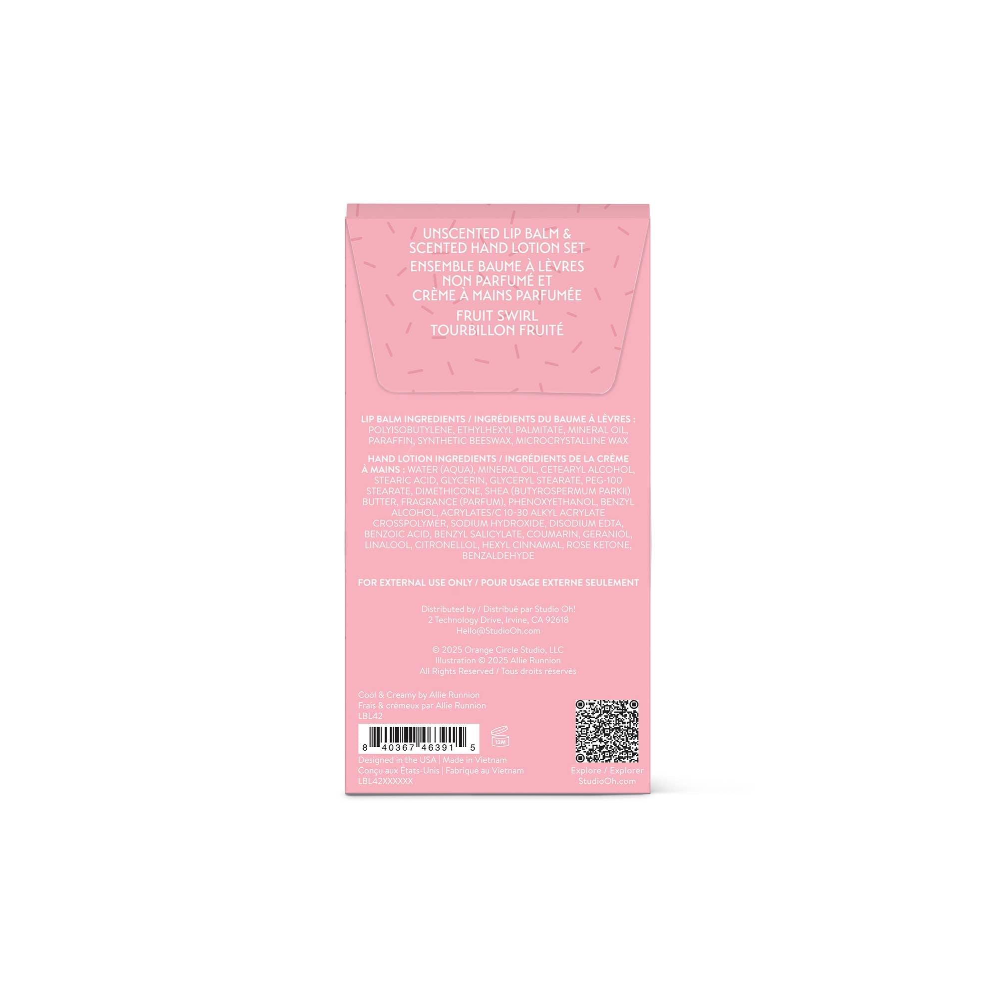 Pink product packaging with text and a QR code on a white background