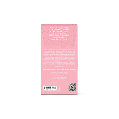Pink product packaging with text and a QR code on a white background